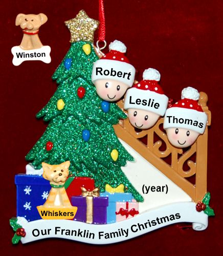 Our Xmas Tree Christmas Ornament for Families of 3 with 1 Dog, Cat, Pets Custom Add-on Personalized by RussellRhodes.com