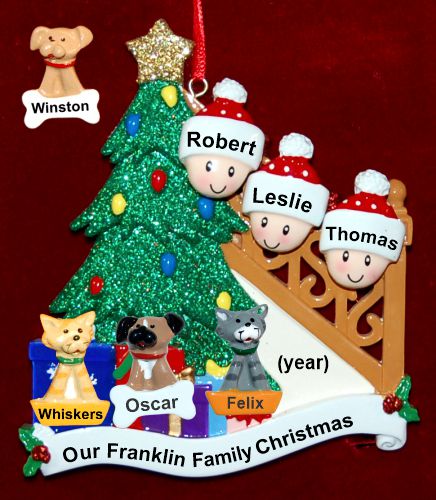 Our Xmas Tree Christmas Ornament for Families of 3 with 3 Dogs, Cats, Pets Custom Add-ons Personalized by RussellRhodes.com