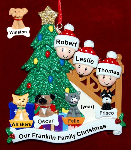Our Xmas Tree Christmas Ornament for Families of 3 with 4 Dogs, Cats, Pets Custom Add-ons Personalized by RussellRhodes.com