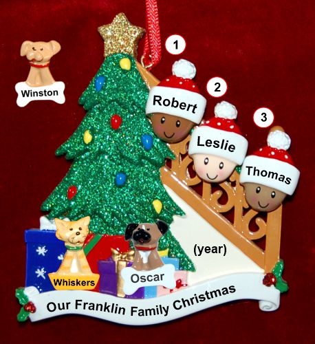 Our Xmas Tree Mixed Race BiRacial Christmas Ornament for Families of 3 with 2 Dogs, Cats, Pets Custom Add-ons Personalized by RussellRhodes.com