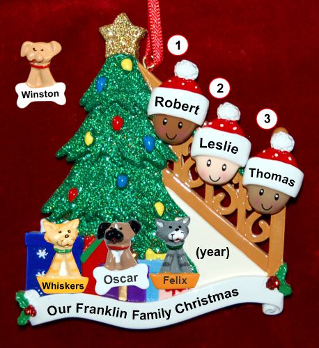 Our Xmas Tree Mixed Race BiRacial Christmas Ornament for Families of 3 with 3 Dogs, Cats, Pets Custom Add-ons Personalized by RussellRhodes.com