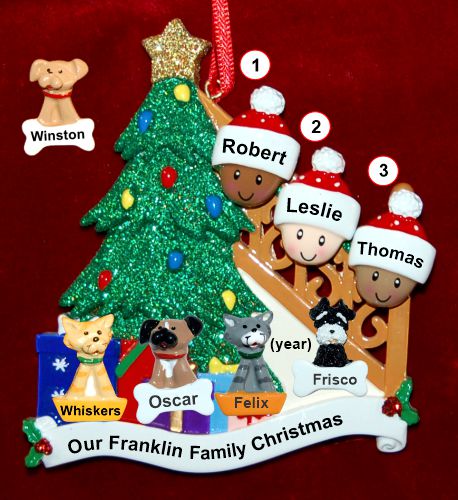 Our Xmas Tree Mixed Race BiRacial Christmas Ornament for Families of 3 with 4 Dogs, Cats, Pets Custom Add-ons Personalized by RussellRhodes.com