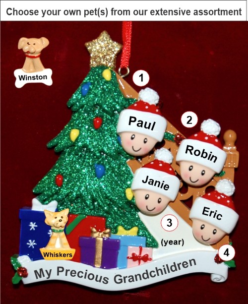 Our Xmas Tree Grandparents Christmas Ornament 4 Grandkids with Pets Personalized by Russell Rhodes