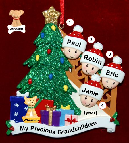 Our Xmas Tree Grandparents Christmas Ornament 4 Grandkids with 1 Dog, Cat, Pets Custom Add-on Personalized by RussellRhodes.com