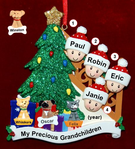 Our Xmas Tree Grandparents Christmas Ornament 4 Grandkids with 3 Dogs, Cats, Pets Custom Add-ons Personalized by RussellRhodes.com