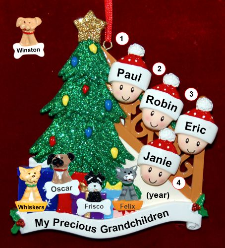 Our Xmas Tree Grandparents Christmas Ornament 4 Grandkids with 4 Dogs, Cats, Pets Custom Add-ons Personalized by RussellRhodes.com