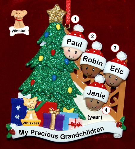 Our Xmas Tree Grandparents Christmas Ornament 4 Grandkids Mixed Race BiRacial with 1 Dog, Cat, Pets Custom Add-on Personalized by RussellRhodes.com