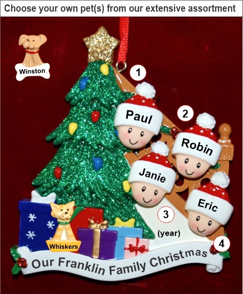 Our Xmas Tree Christmas Ornament for Families of 4 with Pets Personalized by RussellRhodes.com