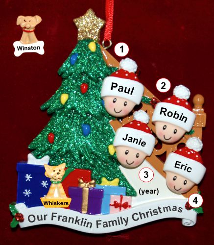 Our Xmas Tree Christmas Ornament for Families of 4 with 1 Dog, Cat, Pets Custom Add-on Personalized by RussellRhodes.com
