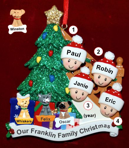 Our Xmas Tree Christmas Ornament for Families of 4 with 3 Dogs, Cats, Pets Custom Add-ons Personalized by RussellRhodes.com