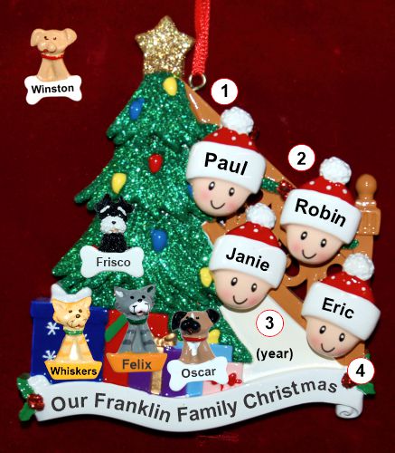 Family of 4 Ornament with 5 Pets Custom Add-ons Personalized by RussellRhodes.com
