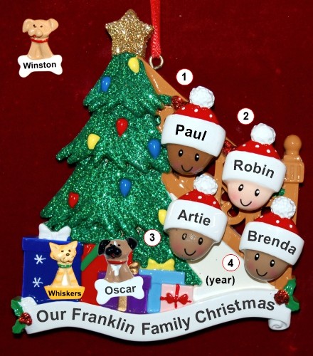 Our Xmas Tree Mixed Race BiRacial Christmas Ornament for Families of 4 with 2 Dogs, Cats, Pets Custom Add-ons Personalized by RussellRhodes.com