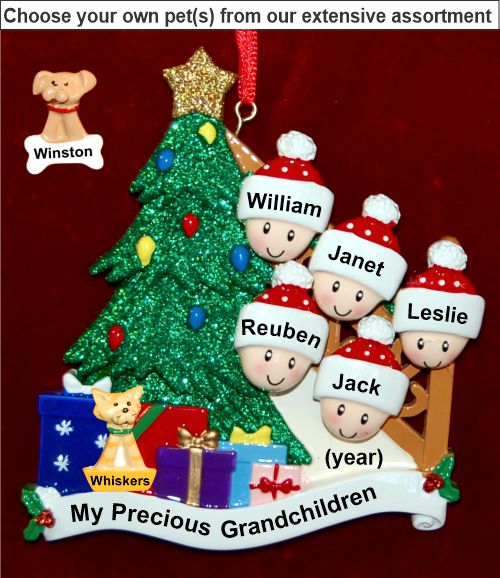 Our Xmas Tree Grandparents Christmas Ornament 5 Grandkids with Pets Personalized by RussellRhodes.com