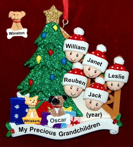 Our Xmas Tree Grandparents Christmas Ornament 5 Grandkids with 2 Dogs, Cats, Pets Custom Add-ons Personalized by RussellRhodes.com