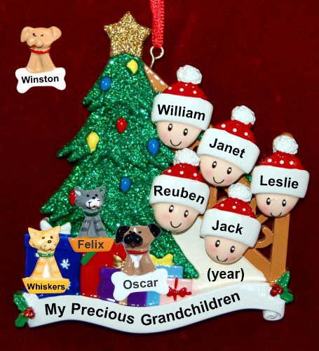 Our Xmas Tree Grandparents Christmas Ornament 5 Grandkids with 3 Dogs, Cats, Pets Custom Add-ons Personalized by RussellRhodes.com