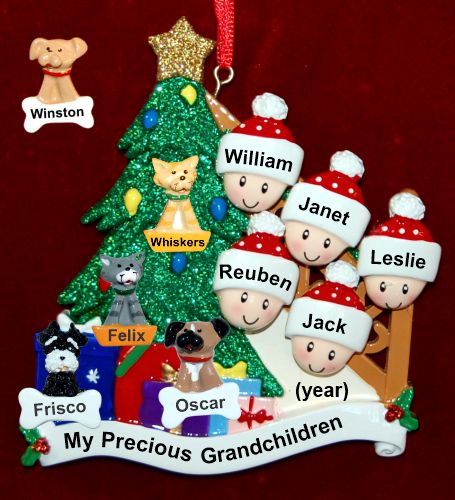 Our Xmas Tree Grandparents Christmas Ornament 5 Grandkids with 4 Dogs, Cats, Pets Custom Add-ons Personalized by RussellRhodes.com