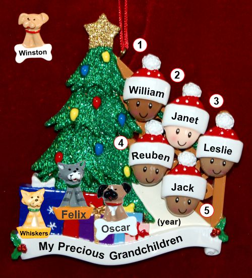 Our Xmas Tree Grandparents Christmas Ornament 5 Grandkids Mixed Race BiRacial with 3 Dogs, Cats, Pets Custom Add-ons Personalized by RussellRhodes.com