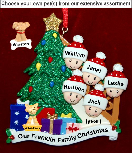 Our Xmas Tree Christmas Ornament for Families of 5 with Pets Personalized by RussellRhodes.com