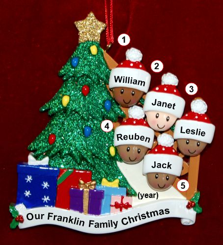 Our Xmas Tree Mixed Race Biracial Christmas Ornament for Families of 5 Personalized by RussellRhodes.com