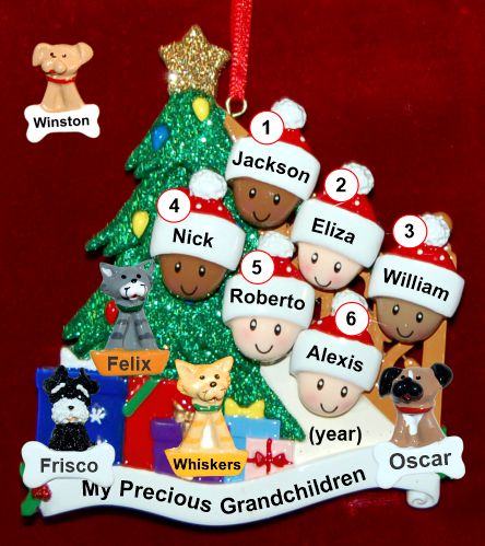 Our Xmas Tree Grandparents Christmas Ornament 6 Grandkids Mixed Race BiRacial with 4 Dogs, Cats, Pets Custom Add-ons Personalized by RussellRhodes.com