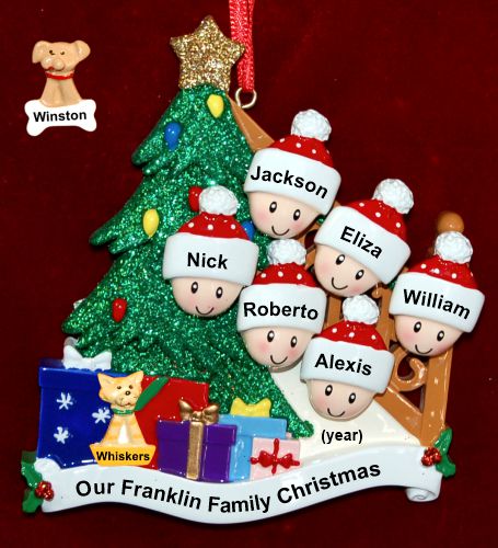 Our Xmas Tree Christmas Ornament for Families of 6 with 1 Dog, Cat, Pets Custom Add-on Personalized by RussellRhodes.com