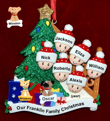 Our Xmas Tree Christmas Ornament for Families of 6 with 2 Dogs, Cats, Pets Custom Add-ons Personalized by RussellRhodes.com