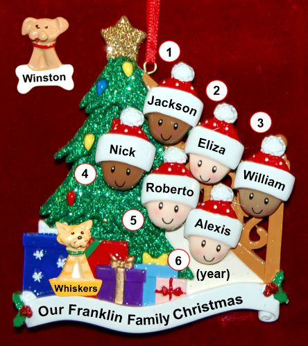 Our Xmas Tree Mixed Race BiRacial Christmas Ornament for Families of 6 with 1 Dog, Cat, Pets Custom Add-on Personalized by RussellRhodes.com