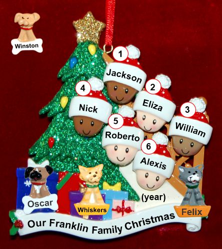Our Xmas Tree Mixed Race BiRacial Christmas Ornament for Families of 6 with 3 Dogs, Cats, Pets Custom Add-ons Personalized by RussellRhodes.com