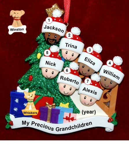Our Xmas Tree Grandparents Christmas Ornament 7 Grandkids Mixed Race BiRacial with 1 Dog, Cat, Pets Custom Add-on Personalized by RussellRhodes.com