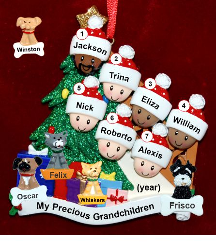 Our Xmas Tree Grandparents Christmas Ornament 7 Grandkids Mixed Race BiRacial with 4 Dogs, Cats, Pets Custom Add-ons Personalized by RussellRhodes.com