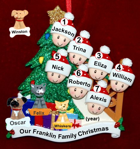 Our Xmas Tree Christmas Ornament for Families of 7 with 3 Dogs, Cats, Pets Custom Add-ons Personalized by RussellRhodes.com