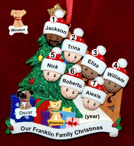 Our Xmas Tree Mixed Race BiRacial Christmas Ornament for Families of 8 with 2 Dogs, Cats, Pets Custom Add-ons Personalized by RussellRhodes.com