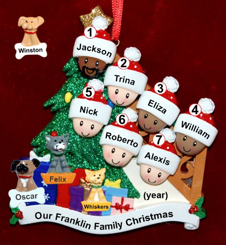 Our Xmas Tree Mixed Race BiRacial Christmas Ornament for Families of 9 with 3 Dogs, Cats, Pets Custom Add-ons Personalized by RussellRhodes.com