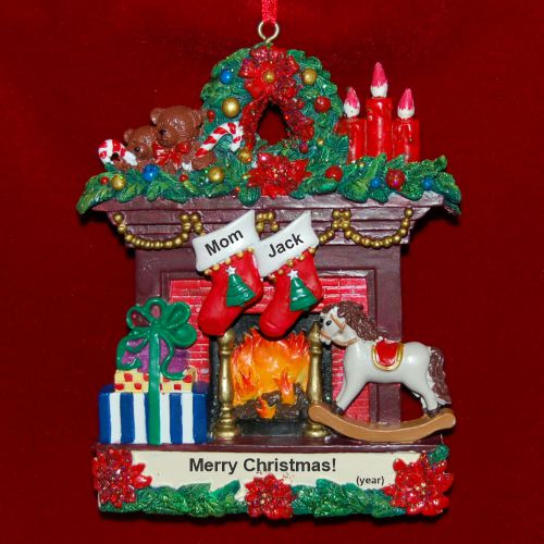 Single Mom Christmas Ornament Fireplace with 1 Child Personalized by RussellRhodes.com