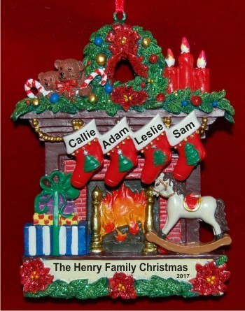Family Fireplace for 4 Christmas Ornament Personalized by Russell Rhodes