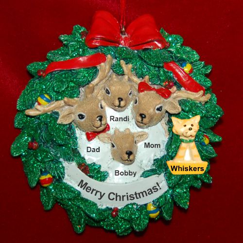 Family Christmas Ornament Reindeer Wreath for 4 with Dog, Cat, or Other Pet Custom Add-on Personalized by RussellRhodes.com