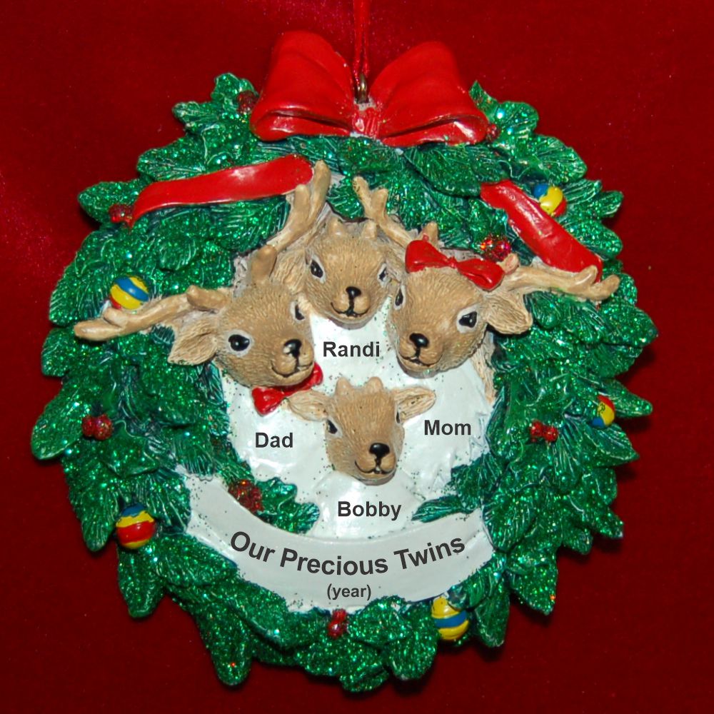 Twins Reindeer Wreath Parents & Twins Christmas Ornament Personalized by RussellRhodes.com