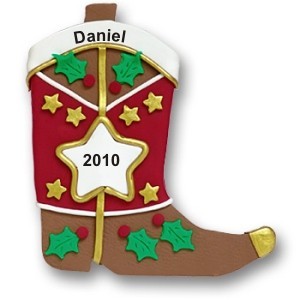 Western Holiday Boot with Star Christmas Ornament Personalized by Russell Rhodes