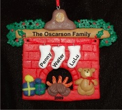 Cozy Fireplace for Family of 3 Christmas Ornament Personalized by RussellRhodes.com
