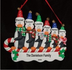 Sledding Penguins Family of 6 Christmas Ornament Personalized by Russell Rhodes