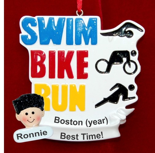 Triathlon Ornament for Boy with Custom Face Add-on Personalized by RussellRhodes.com