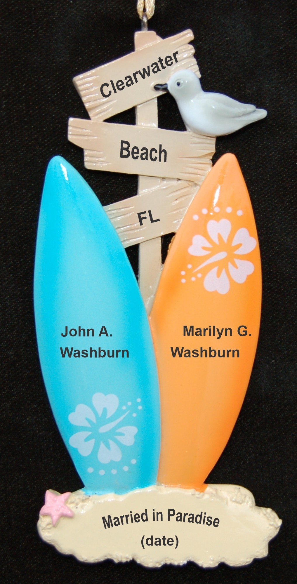Personalized Wedding Christmas Ornament Our Beach Surfing Personalized by Russell Rhodes