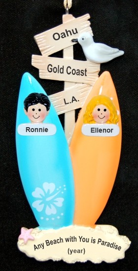 Surfing Ornament Couple for Family of 2 with Custom Faces Add-ons Personalized by RussellRhodes.com