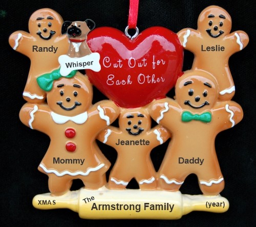 Family Christmas Ornament for 5 Gingerbread Fun with Dog, Cat, or Other Family Pet Personalized by RussellRhodes.com