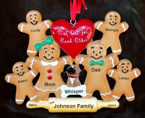 Family Christmas Ornament for 6 Gingerbread Fun with Dog, Cat, or Other Family Pet Personalized by RussellRhodes.com