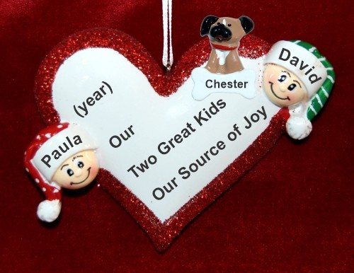 Family Christmas Ornament Loving Heart Our 2 Kids with Family Dogs, Cats, Pets Custom Add-ons Personalized by RussellRhodes.com