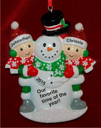 Two Kids Building Large Snowman Christmas Ornament Personalized by Russell Rhodes