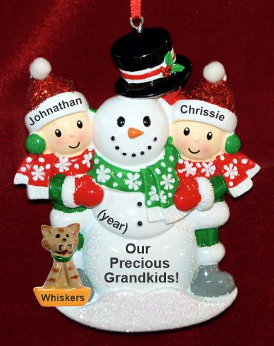 Grandparents Christmas Ornament Happy Snowman 2 Grandkids with 1 Dog, Cat, Pets Custom Add-on Personalized by RussellRhodes.com