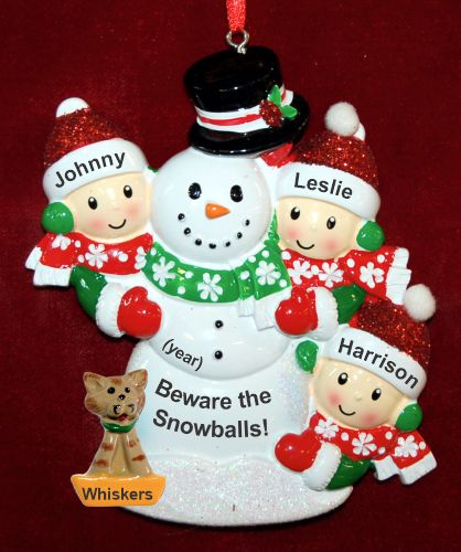 Family Christmas Ornament Happy Snowman Our 3 Kids with 1 Dog, Cat, Pets Custom Add-on Personalized by RussellRhodes.com