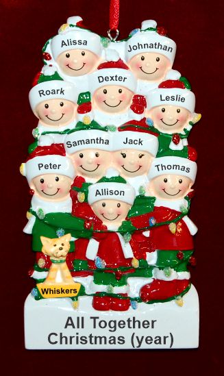 Family Christmas Ornament Holiday Lights for 10 with 1 Dog, Cat, Pets Custom Add-ons Personalized by RussellRhodes.com